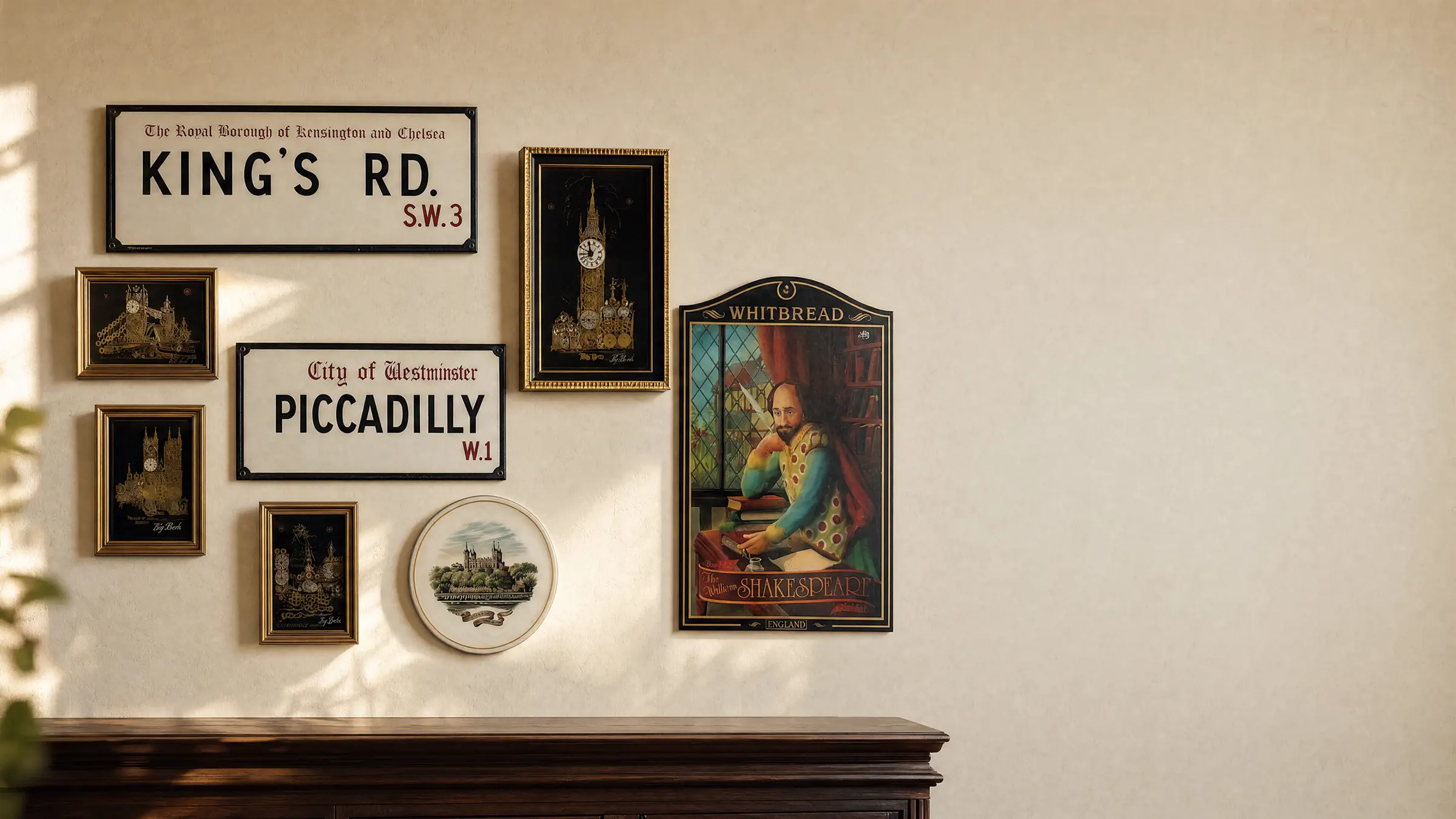 Parete del negozio Cimèlio a Catania: insegne smaltate King's Road e Piccadilly, quadretti dorati, un piatto decorativo e il poster Whitbread di Shakespeare, su muro color avorio sopra una credenza in legno scuro